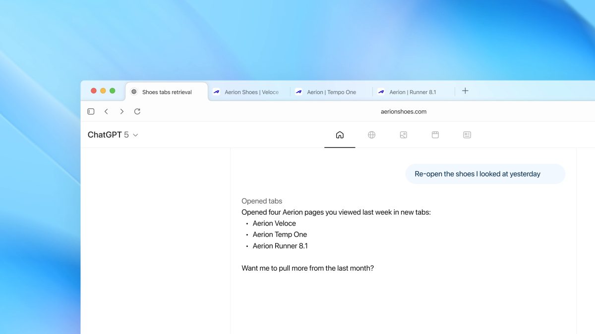Selaimen käyttö onnistuu ChatGPT-pyynnöllä. Esimerkiksi aiemmin avoinna olleita välilehtiä voi avata pyynnöllä.