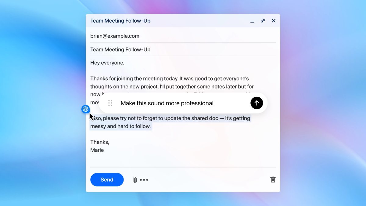 ChatGPT Atlas tuo tekstin luomisen ja muokkaamisen osaksi kaikkia tekstikenttiä verkkosivuilla.