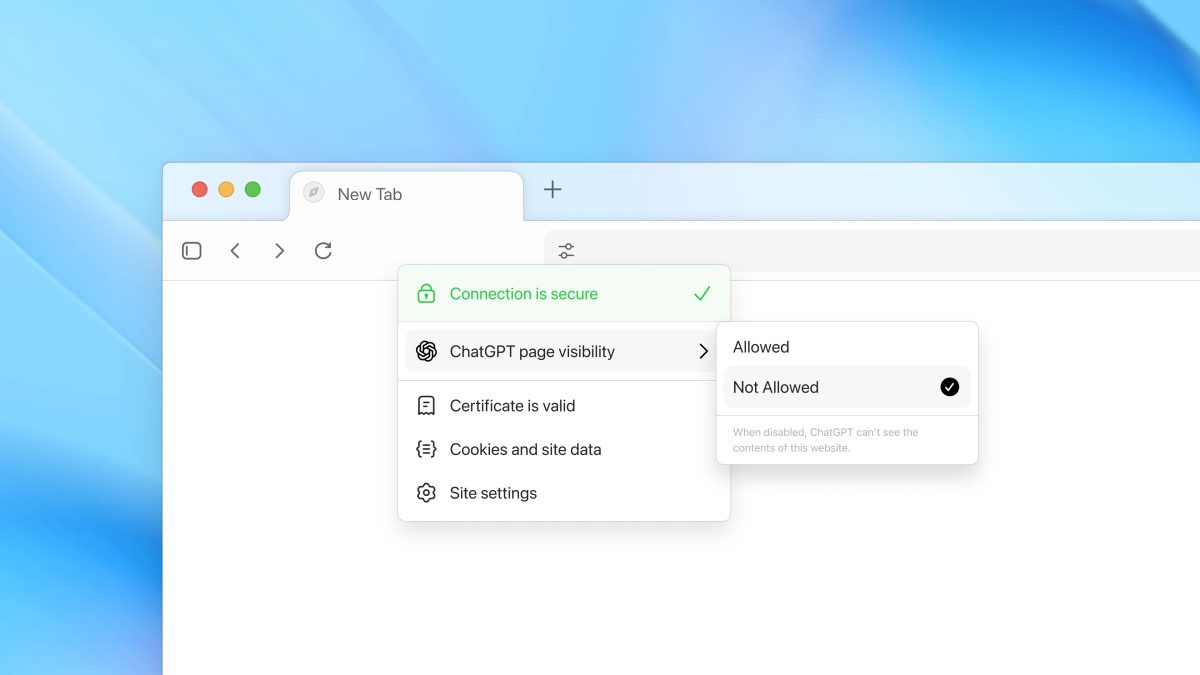 ChatGPT Atlas tarjoaa osoitepalkissa valinnan verkkosivun näkymisestä ChatGPT:lle.