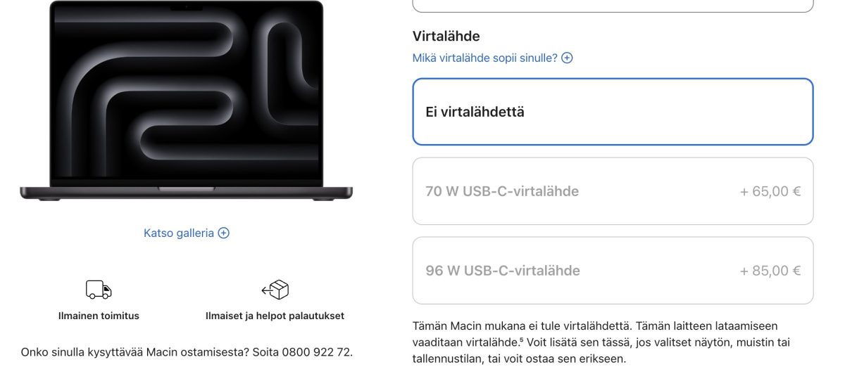 Uuden M5:llä varustetun 14 tuuman MacBook Pron vakiovarustukseen ei kuulu enää laturia.