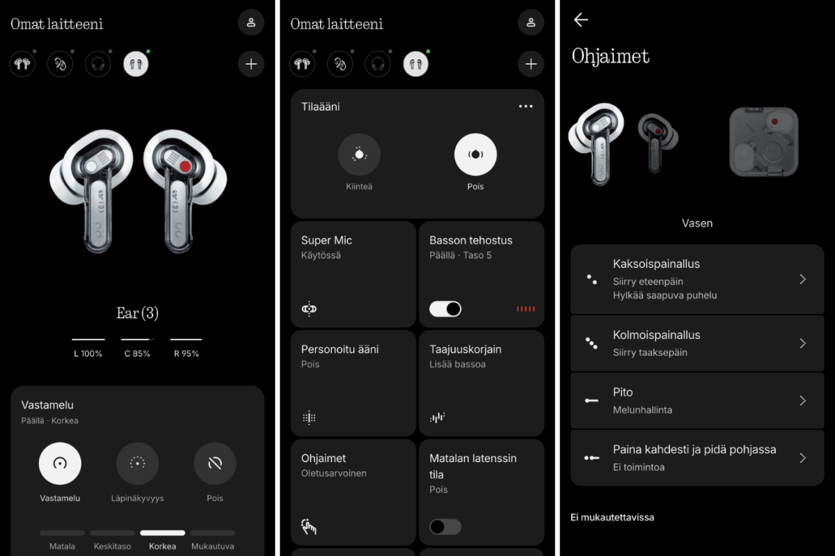 Nothing X -sovelluksen näkymiä.