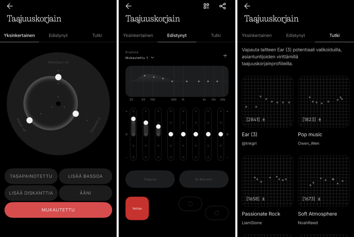 Nothing X -sovellus tarjoaa Ear (3) -kuulokkeille monipuoliset taajuuskorjainasetukset.