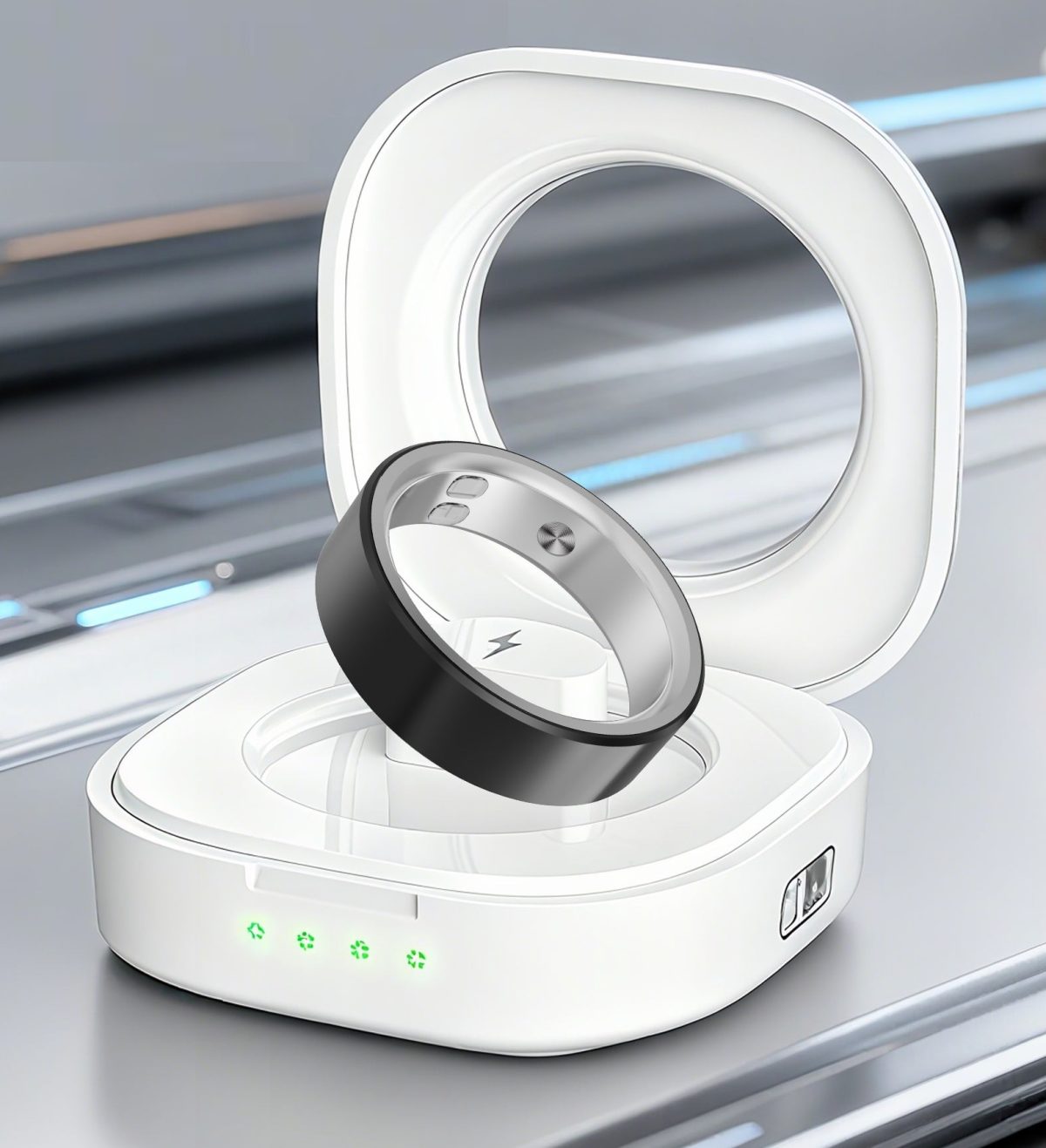Rollme Vibe Smart Ring latauskotelossa.