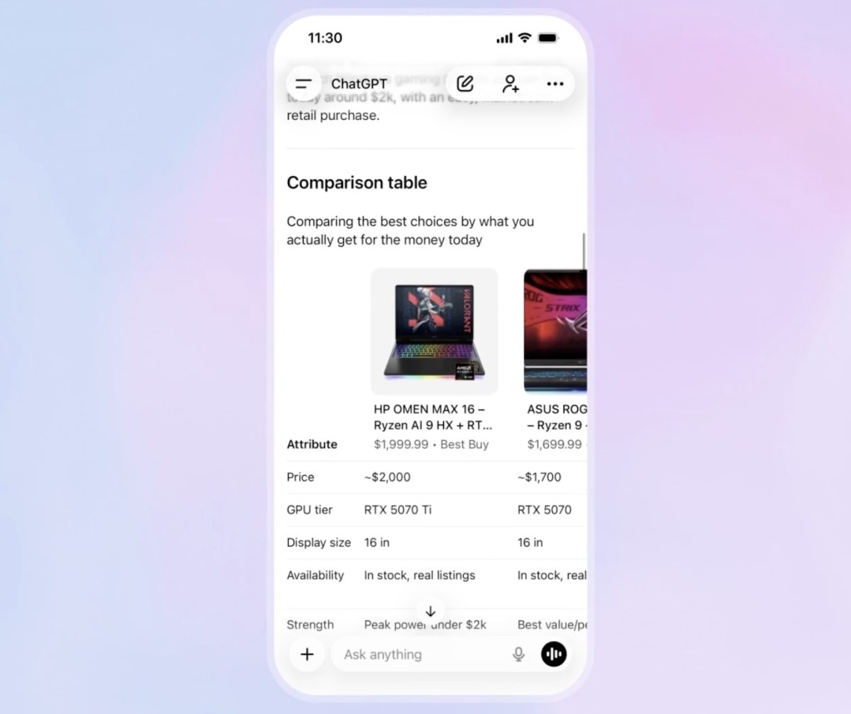 ChatGPT:n ostosapuri tuottaa vastaukseksi eri vaihtoehtoja vertailtavaksi.