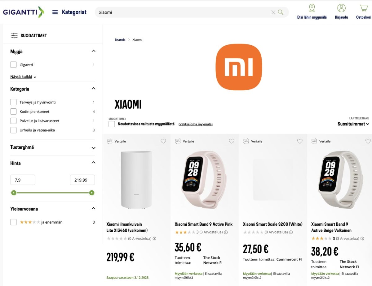 Xiaomi-tuotteita myynnissä Gigantin verkkosivuilla.
