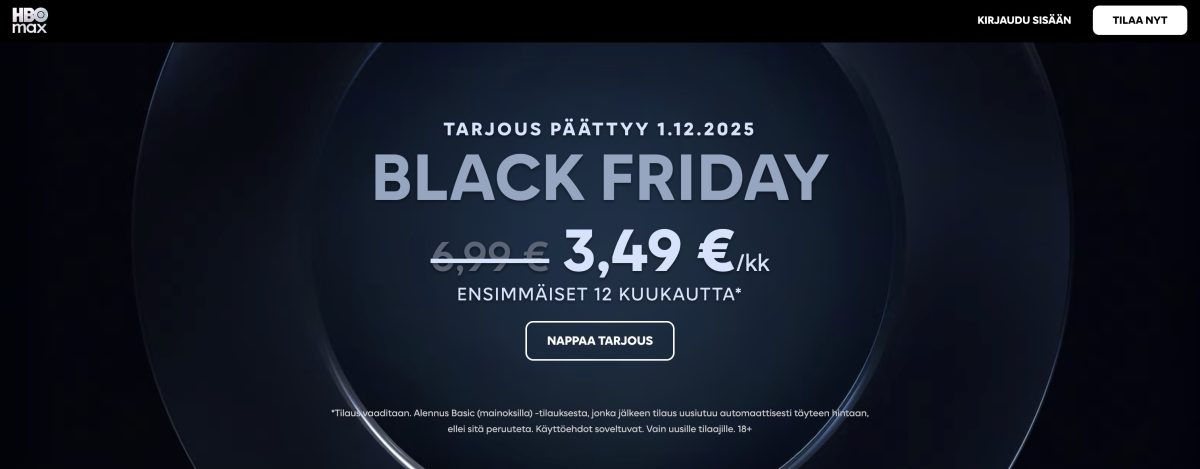 HBO Max Basic (mainoksilla) -tilaus on Black Friday -alessa.