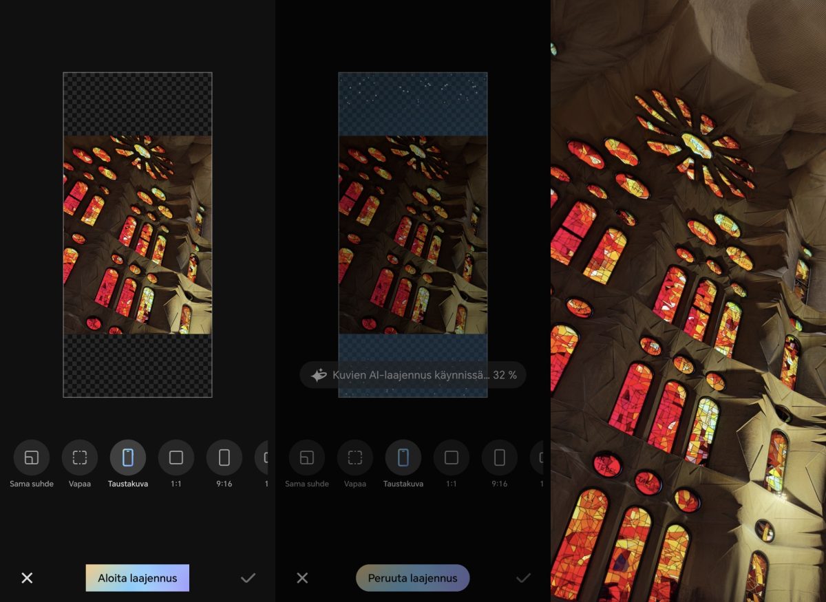 AI-laajennusta voi käyttää esimerkiksi kuvan laajentamiseen taustakuvaksi sopivaan kuvasuhteeseen.