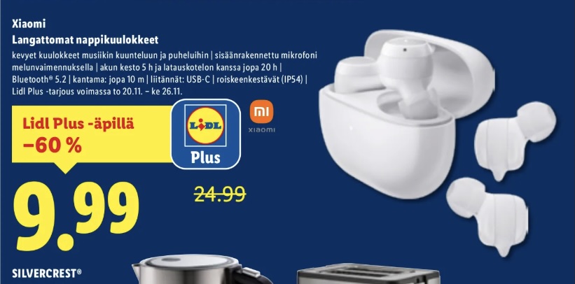 Lidlin Black Friday -tarjous Xiaomi-kuulokkeista. Näyttökuva tarjouslehdestä.