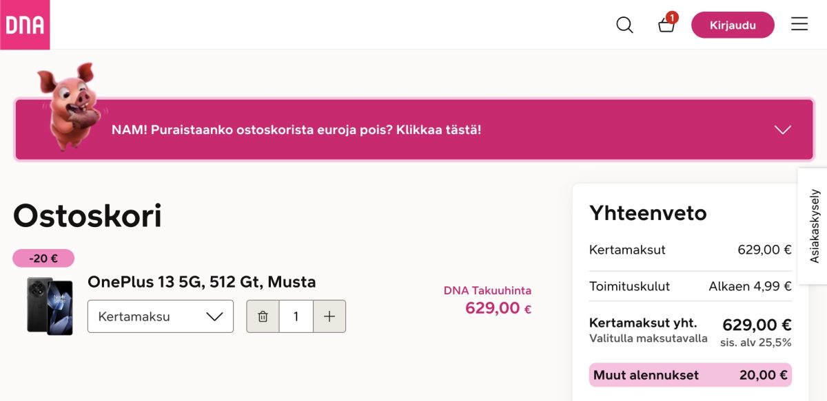 Alekoodilla saa 20 euron alennuksen OnePlus-tuotteista DNA:lta.