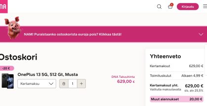 Alekoodilla saa 20 euron alennuksen OnePlus-tuotteista DNA:lta.