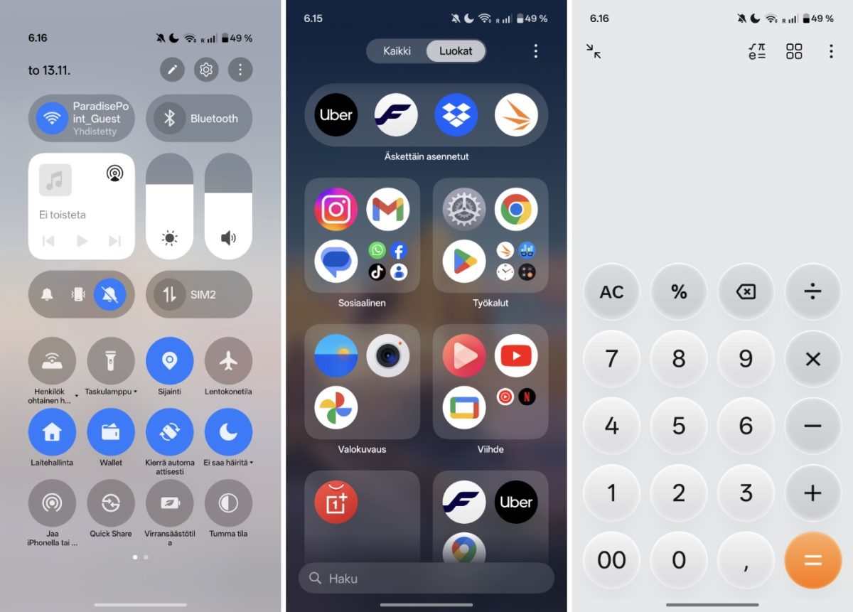 OxygenOS 16 on uudistunut hieman. Kuvassa pika-asetusnäkymä, luokiteltu sovellusvalikko sekä Laskin-sovellus.