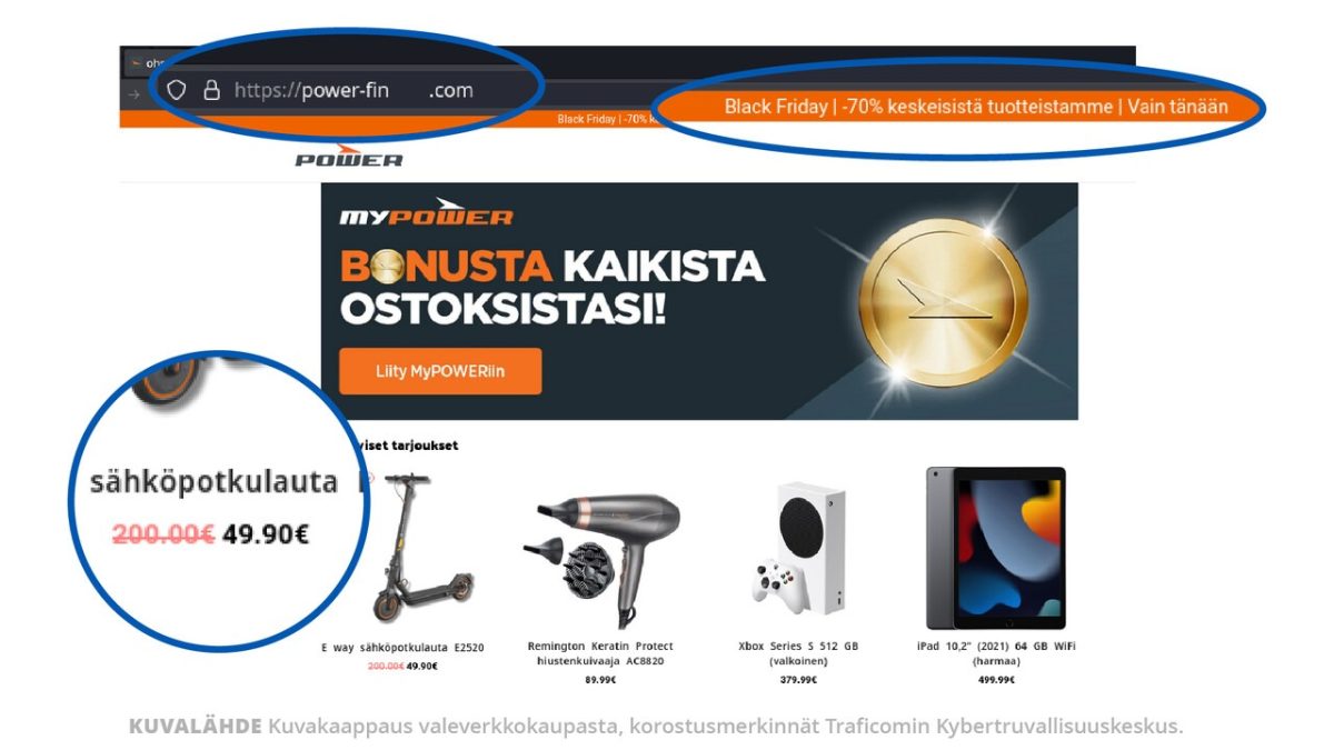 Kyberturvallisuuskeskuksen jakama kuva Powerin nimissä luodusta valeverkkokaupasta.