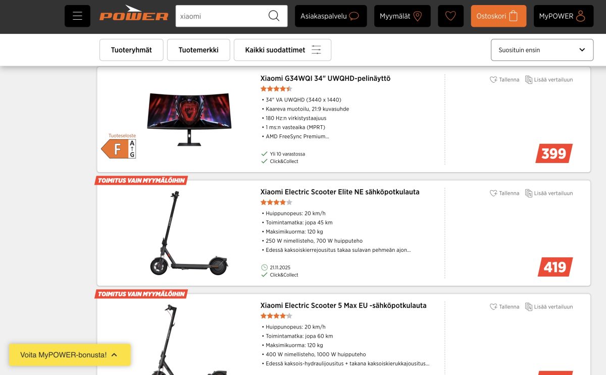 Xiaomi-tuotteita Powerin valikoimissa.
