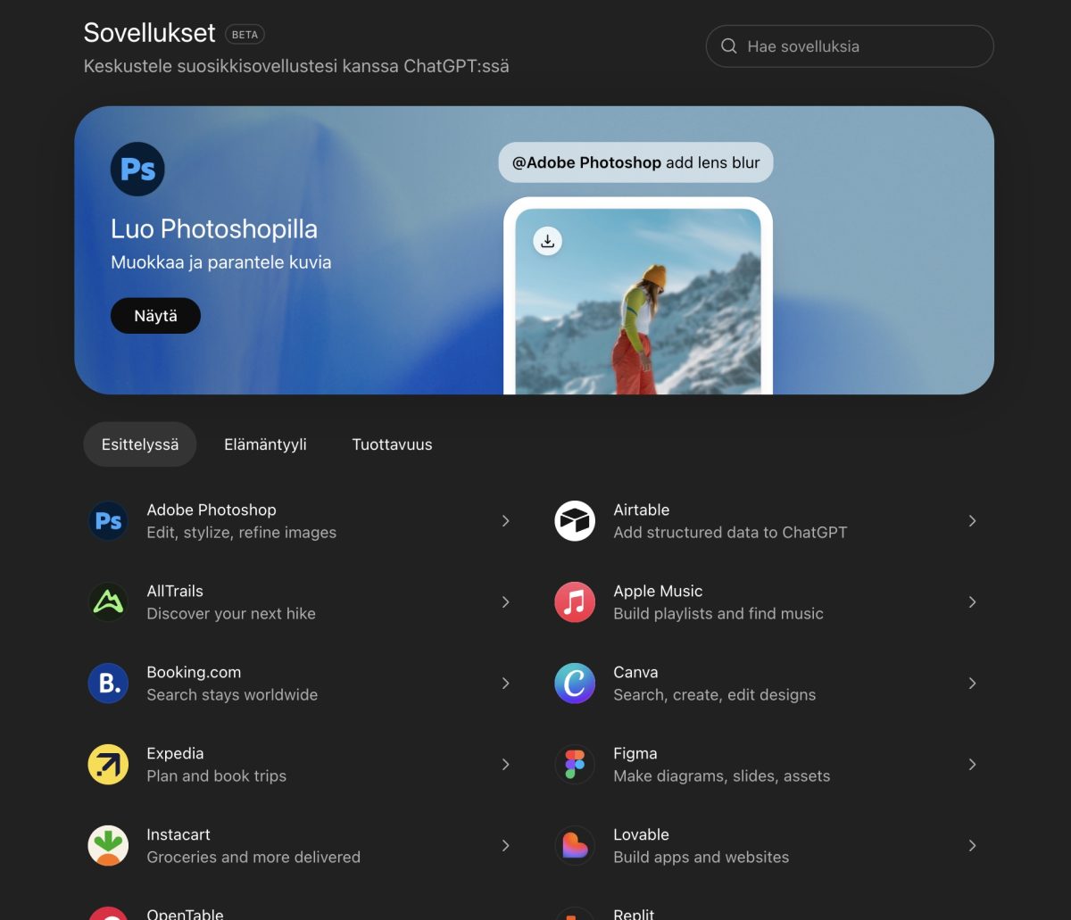 ChatGPT:n sovelluskirjasto.