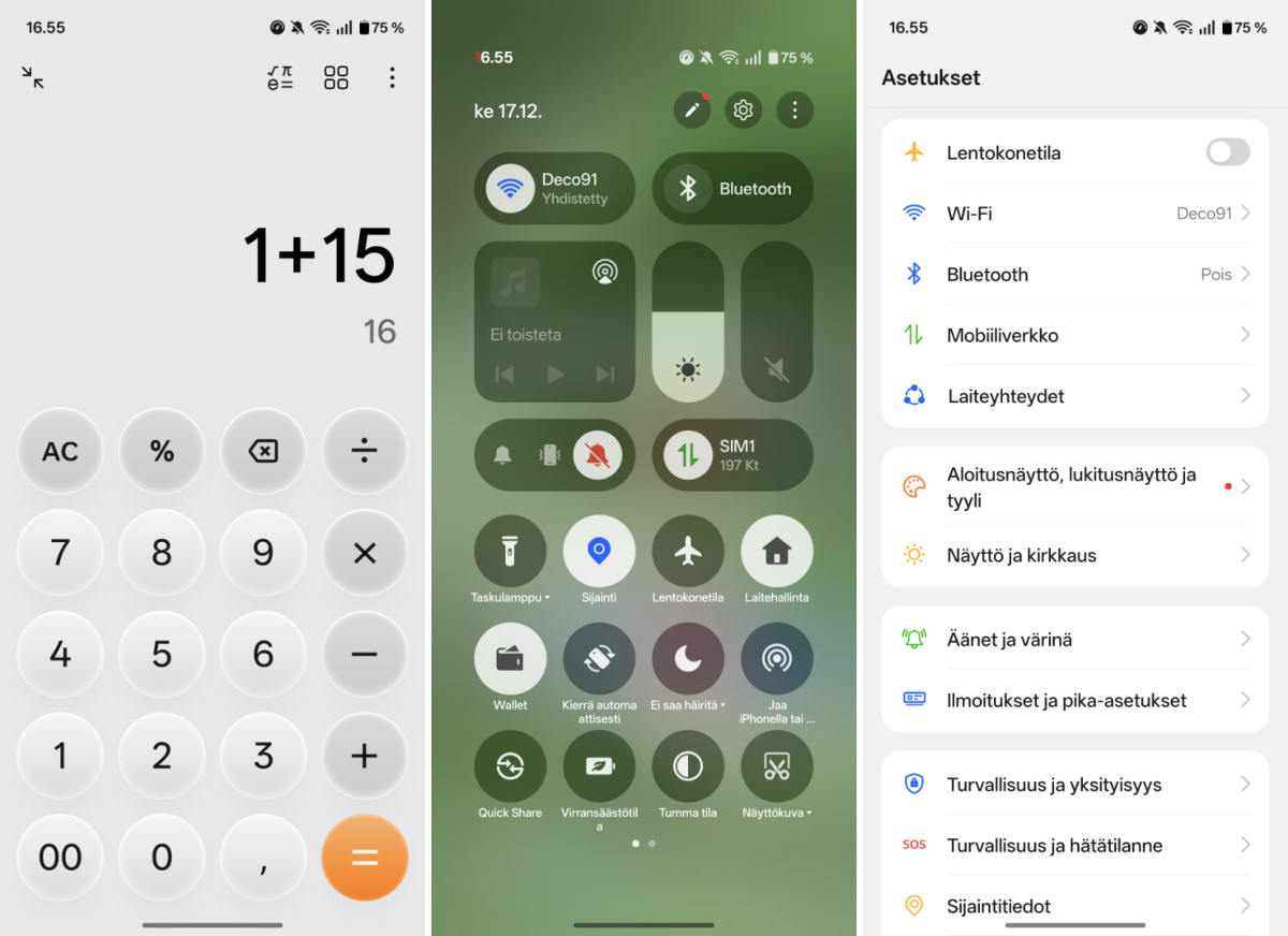 Laskin, pika-asetusnäkymä ja Asetukset OnePlus 15R:ssä.