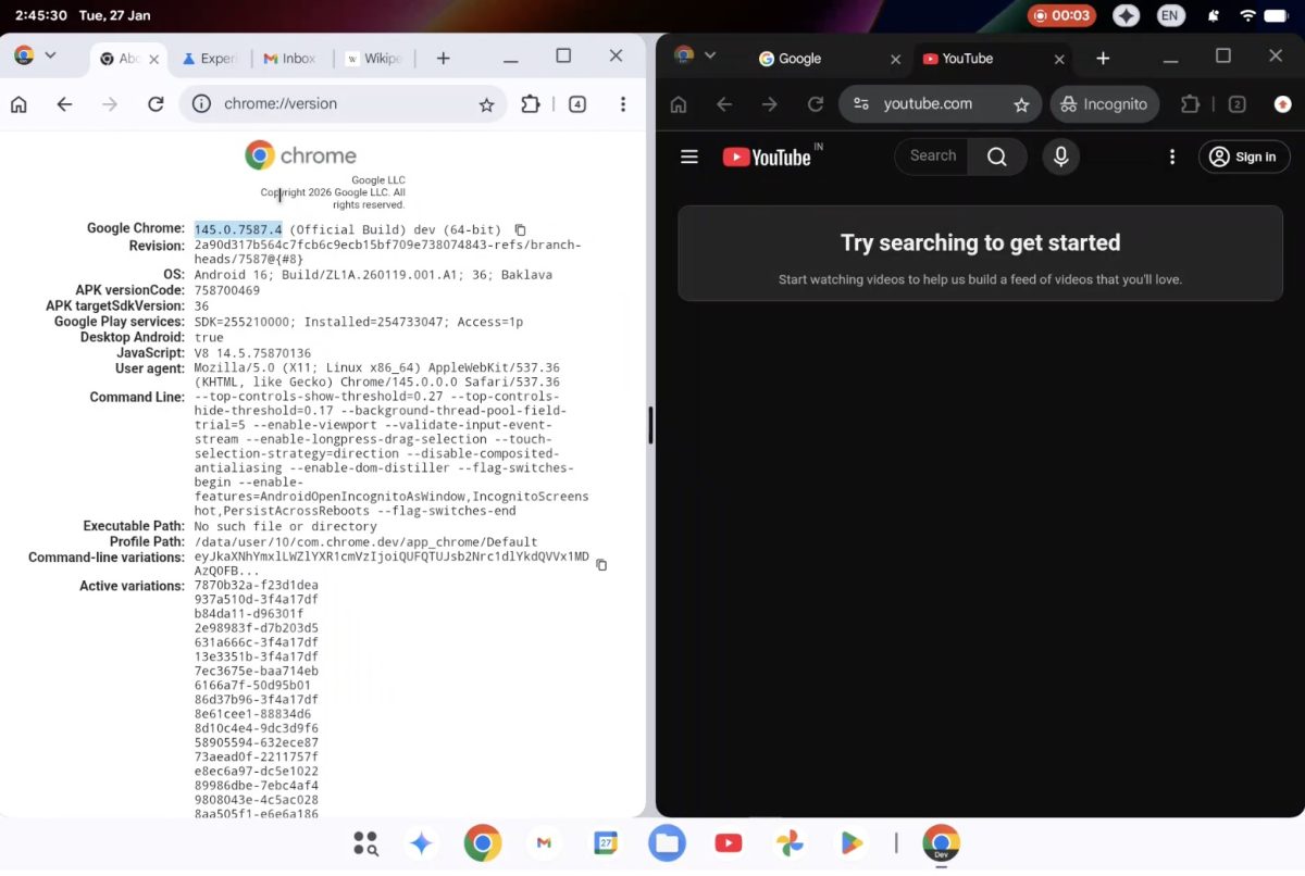 Bugiraportista paljastunut Aluminium OS:n työpöytänäkymä.