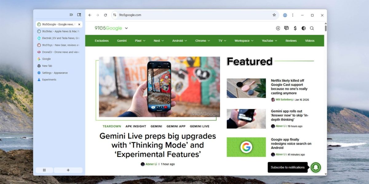 Pystysuuntaiset välilehdet Chromessa. Kuva: 9to5Google.