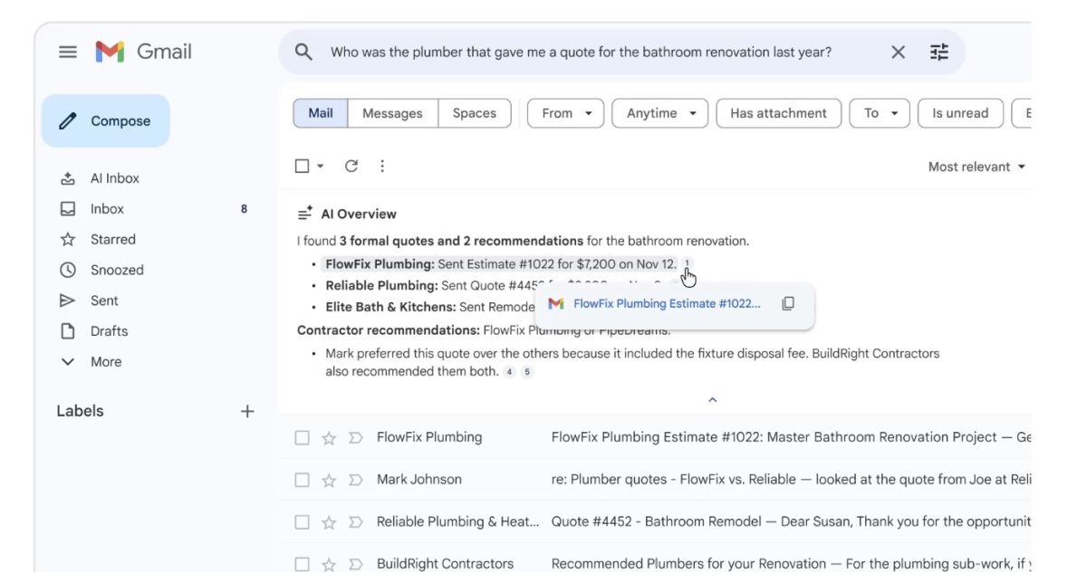 Gmailin haku päivittyy AI-yhteenvedoilla, jotka vastaavat esitettyyn kysymykseen.