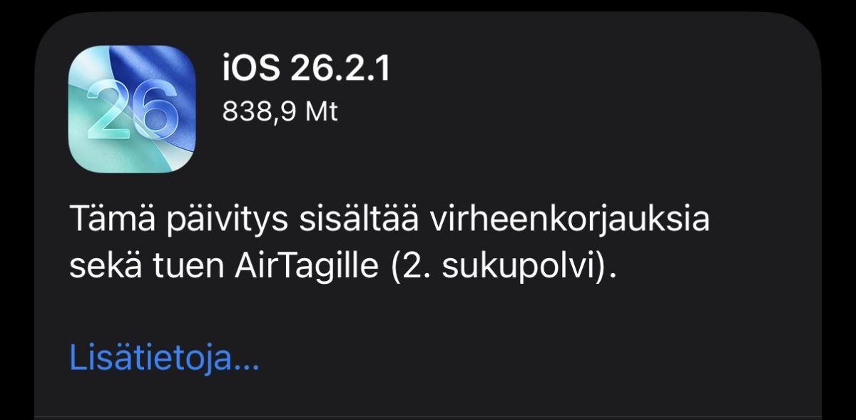 iOS 26.2.1 on nyt ladattavissa.