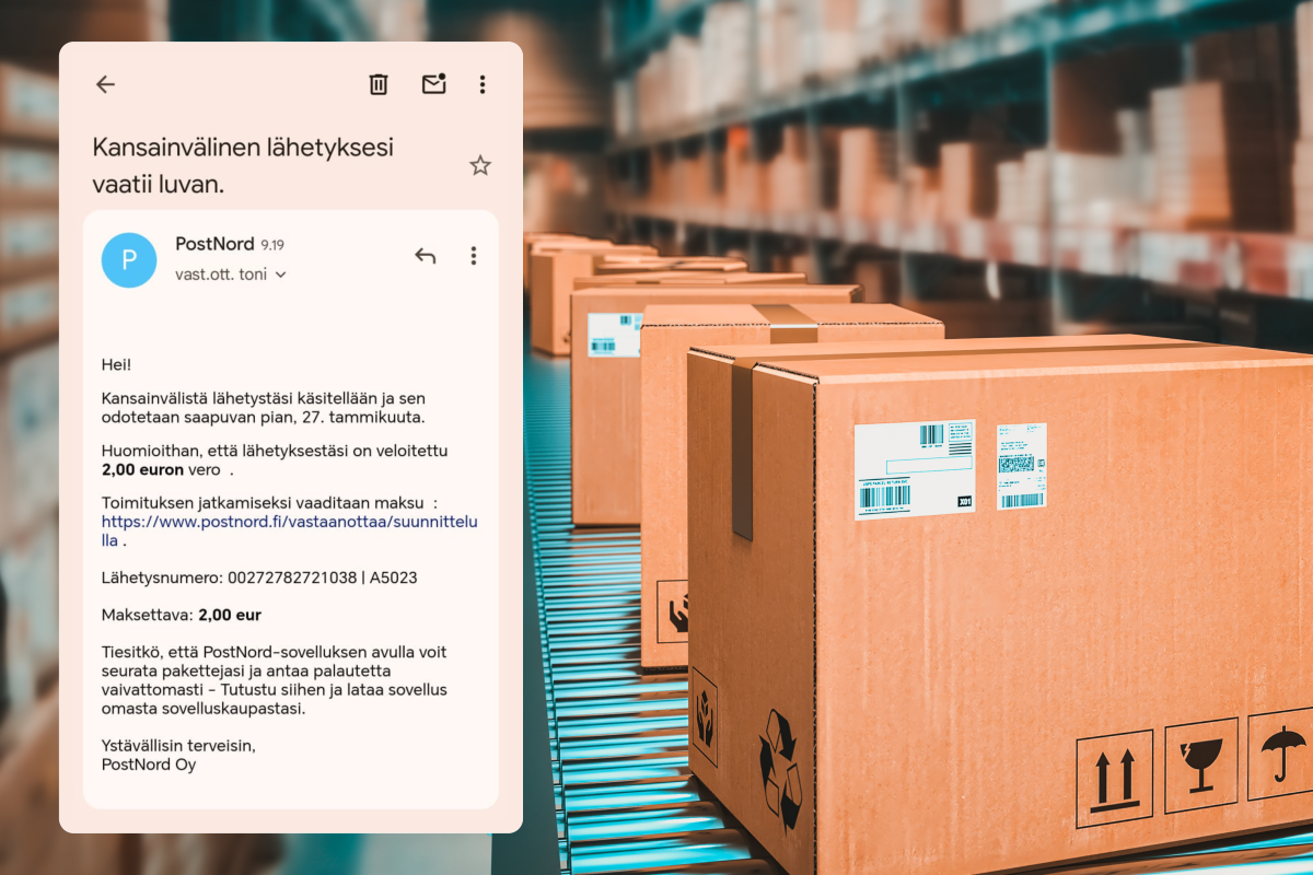 Moni on nyt saanut PostNordin nimissä lähetetyn huijausviestin. Kuva: Suomen Telemarkkinointiliitto.
