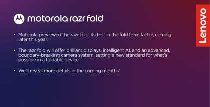 Paljastunut kuva Lenovon esityksestä kertoo sen omistaman Motorolan tulevan tarjoamaan ensivilauksen Razr Foldista. Kuva: Evan Blass / X.