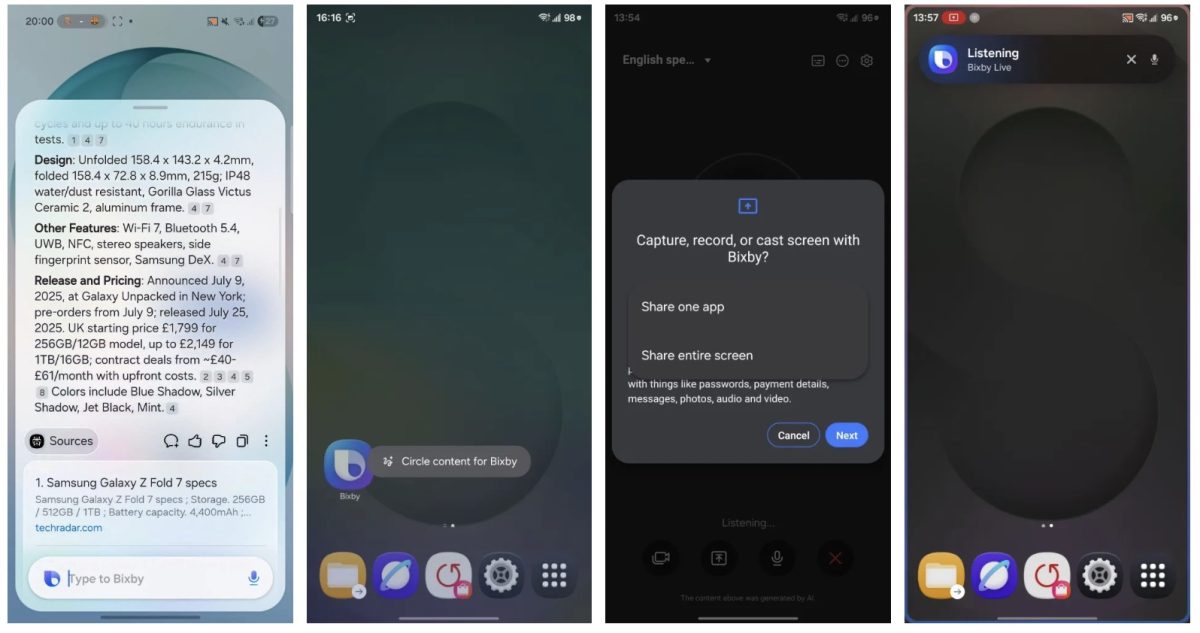 Näyttökuvia One UI 8.5 -ohjelmiston testiversiosta paljastuneesta uudistuneesta Bixbystä.