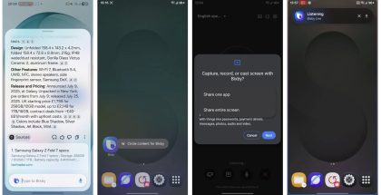 Näyttökuvia One UI 8.5 -ohjelmiston testiversiosta paljastuneesta uudistuneesta Bixbystä.