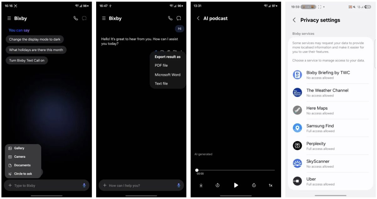 Näyttökuvia One UI 8.5 -ohjelmiston testiversiosta paljastuneesta uudistuneesta Bixbystä.