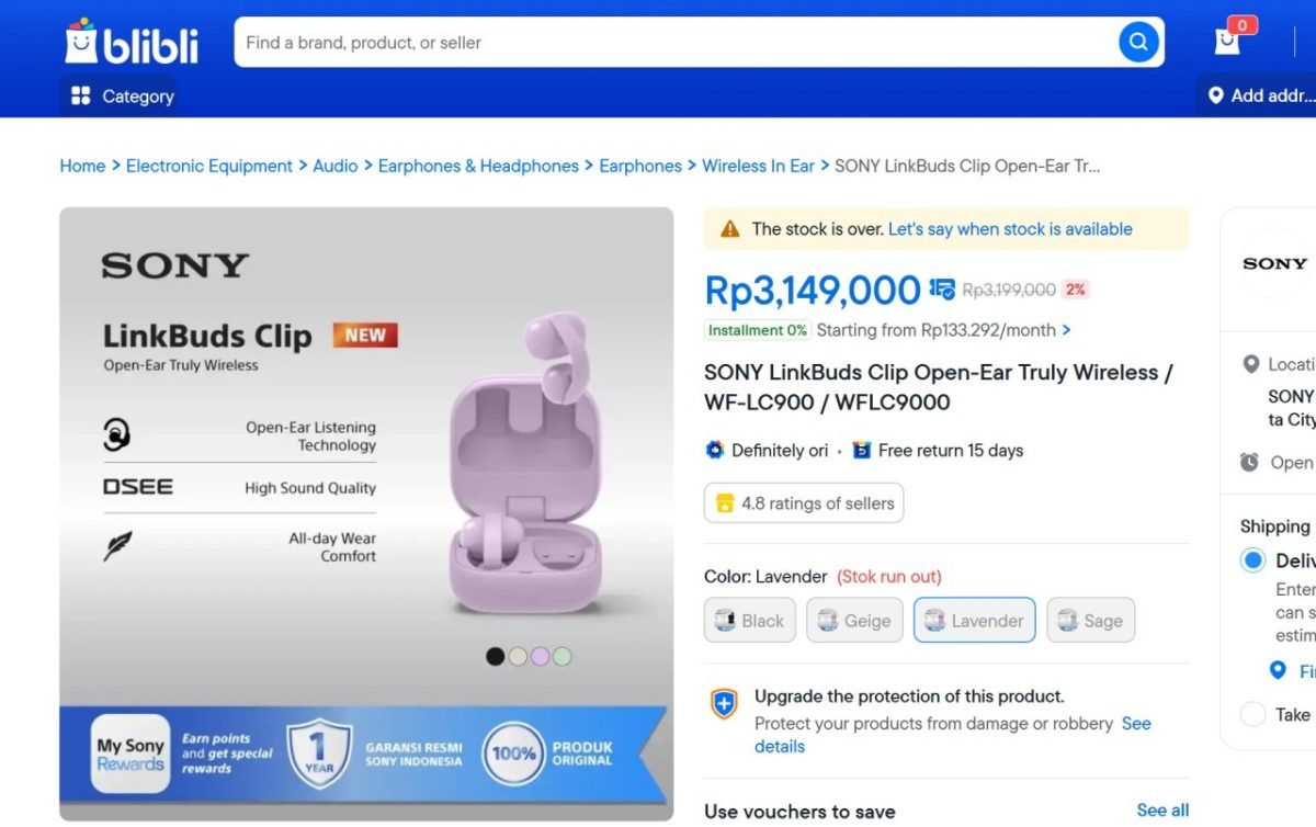 Sony LinkBuds Clip -kuulokkeet paljastuivat blibli-sivuilta.