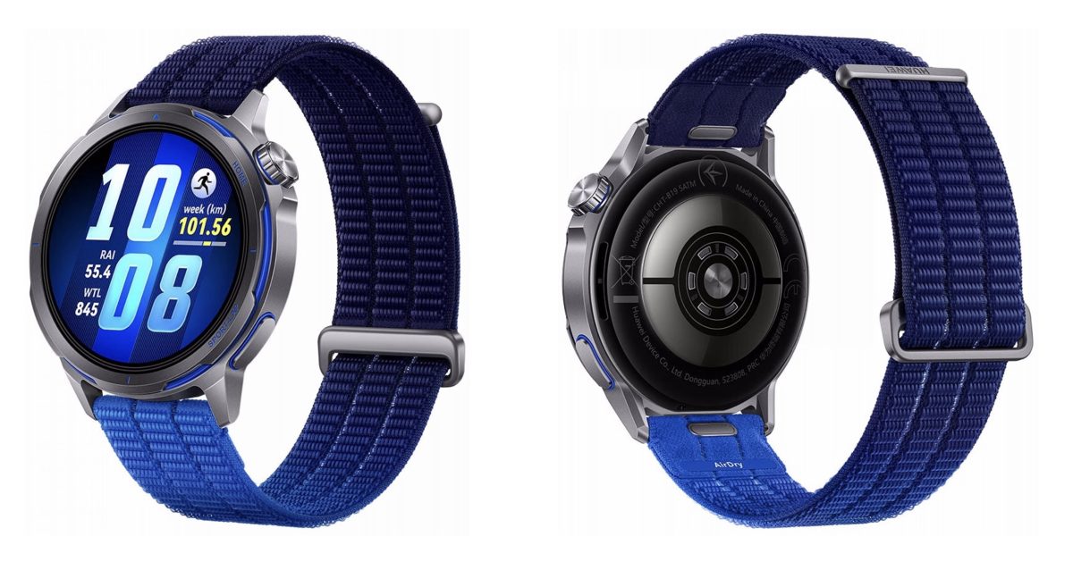 Huawei Watch GT Runner 2 sinisenä värivaihtoehtona edestä ja takaa.