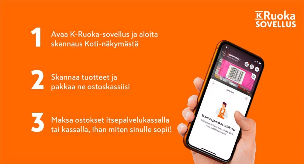 Näin mobiiliskannaus toimii K-Ruoka-sovelluksessa.