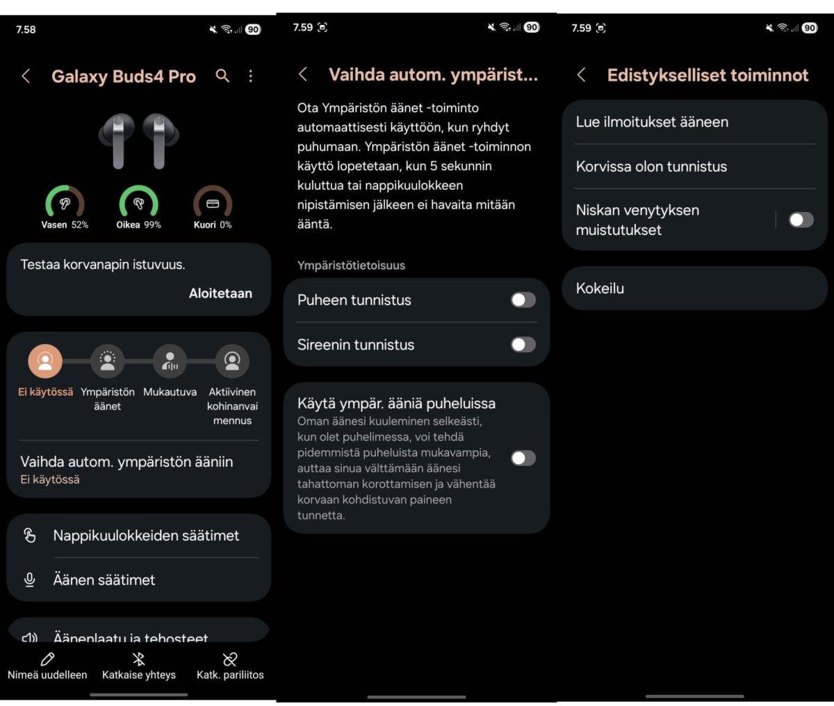 Samsung Galaxy Buds4 Pron asetuksia.