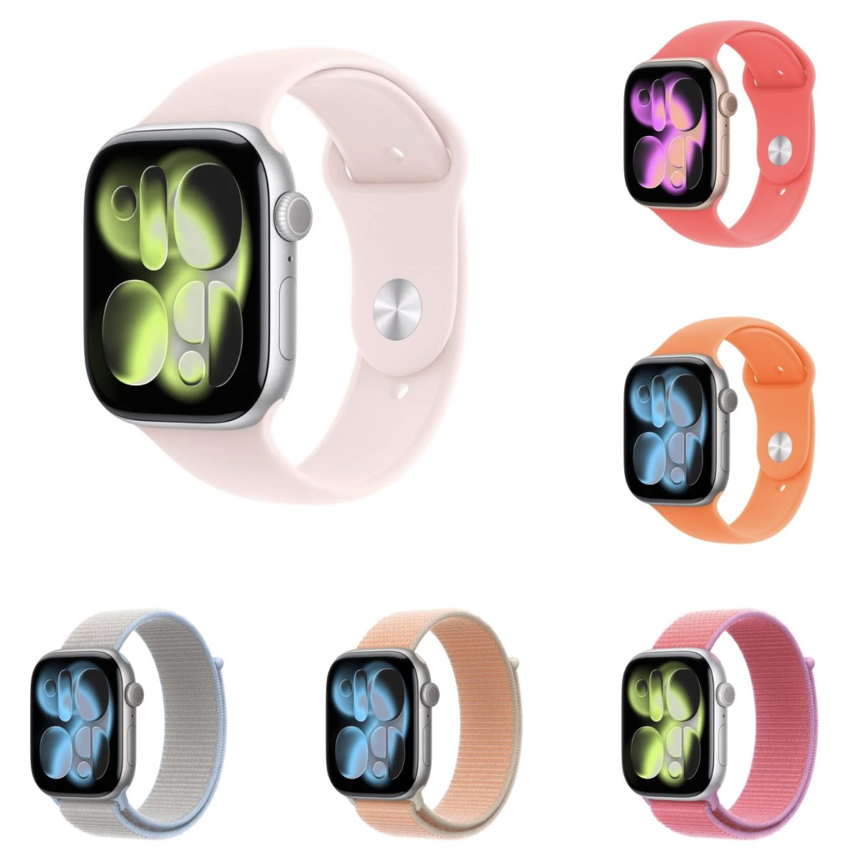 Kevään 2026 uudet värit Apple Watchin urheilurannekkeesta ja Sport Loop -rannekkeesta.