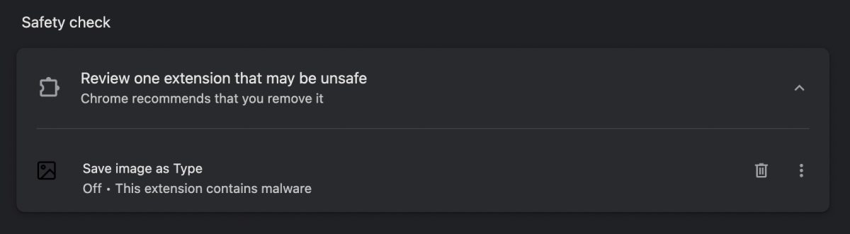 Google Chrome varoittaa Save image as Type -laajennuksen sisältävän haittaohjelman ja olevan siksi estetty.