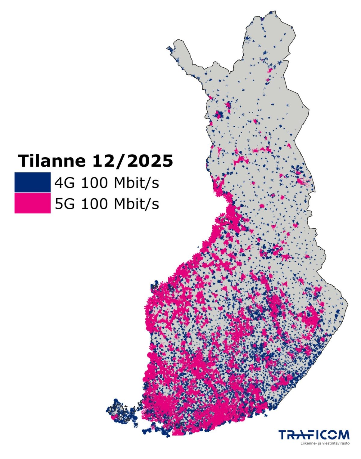 4G- ja 5G-verkkojen 100 Mbit/s -latausnopeuksien kattavuudet Suomessa. Kuva: Traficom.