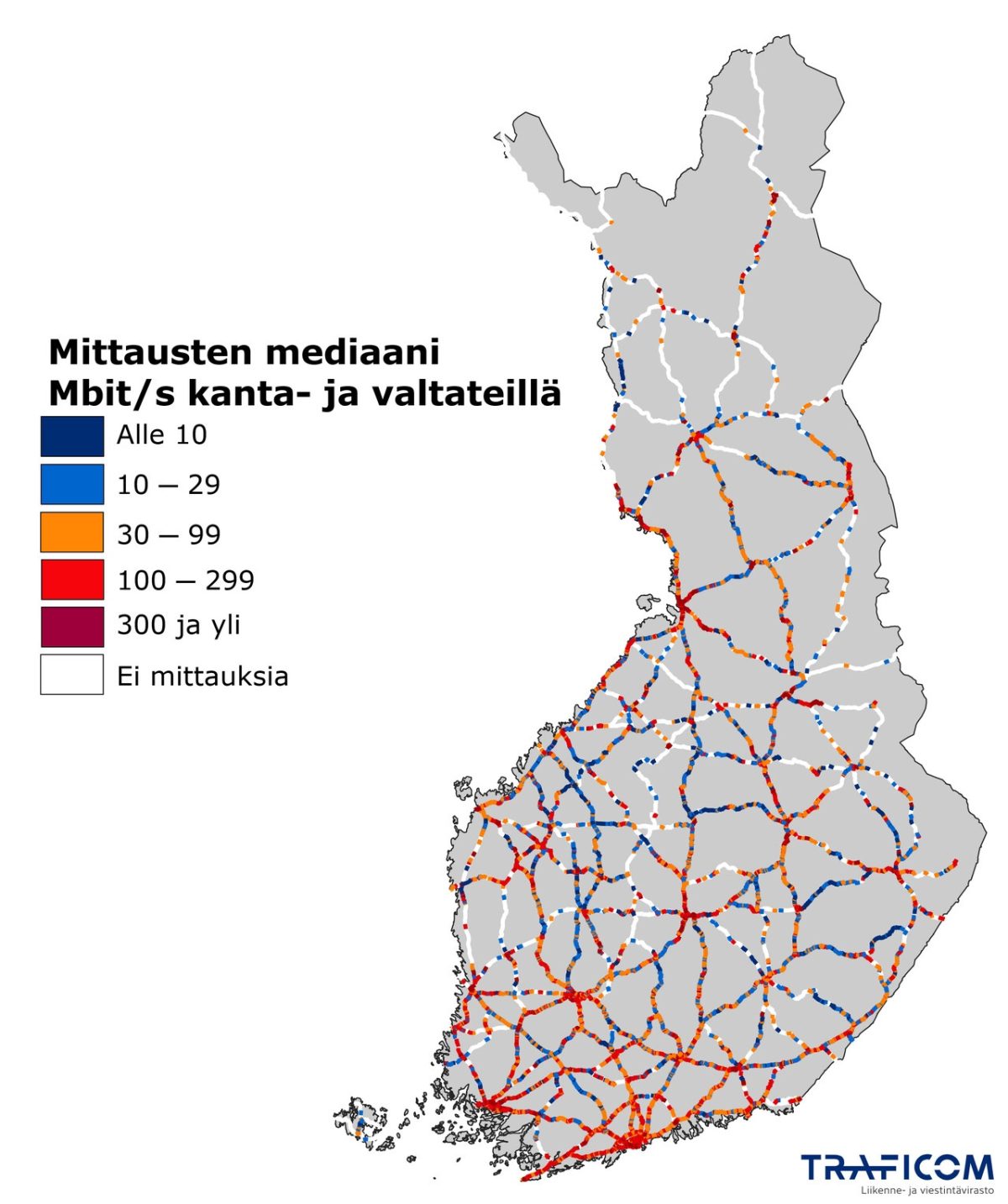 Bittimittari.fi-palvelun sovelluksella tehtyjen paikannettujen mobiiliverkkojen mittausten keskimääräinen latausnopeus kanta- ja valtateillä. Kuva: Traficom.
