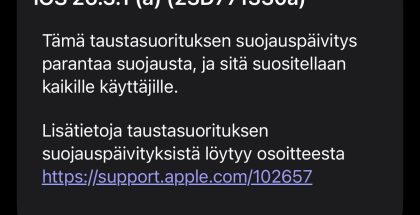 iOS 26.3.1 (a) on ensimmäinen iPhonelle julkaistu Taustasuorituksen suojauspäivitys -järjestelmän päivitys.
