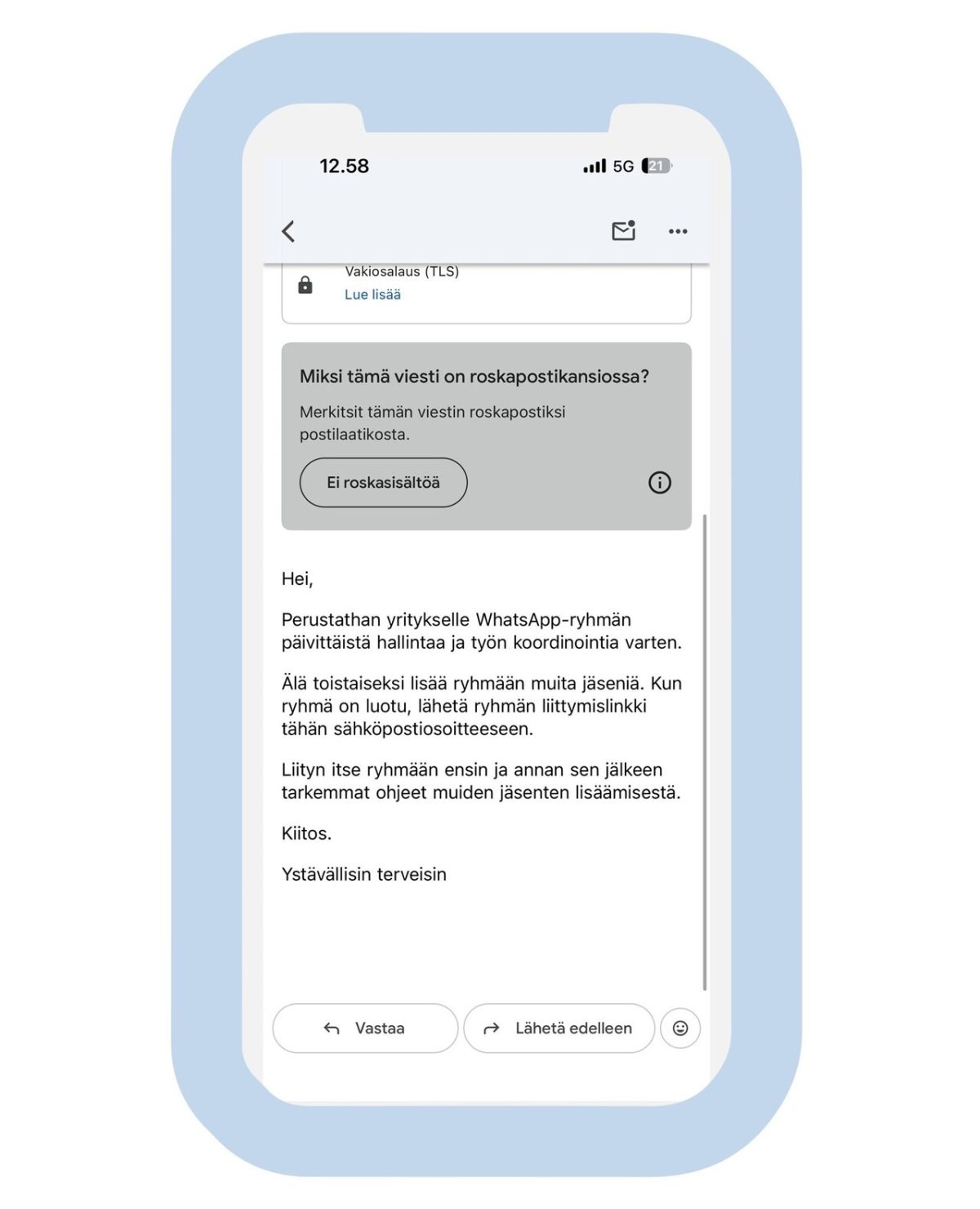 Uudella WhatsApp-huijauksella yritetään puijata yrityksiä. Kuva: Kyberturvallisuuskeskus.