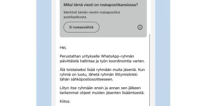Uudella WhatsApp-huijauksella yritetään puijata yrityksiä. Kuva: Kyberturvallisuuskeskus.