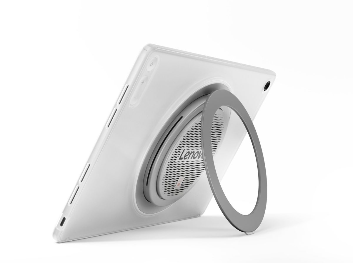 Lenovo Tab Plus Gen 2:n kaiutinta ympäröi seisontatuki. Kuva: Evan Blass / X.