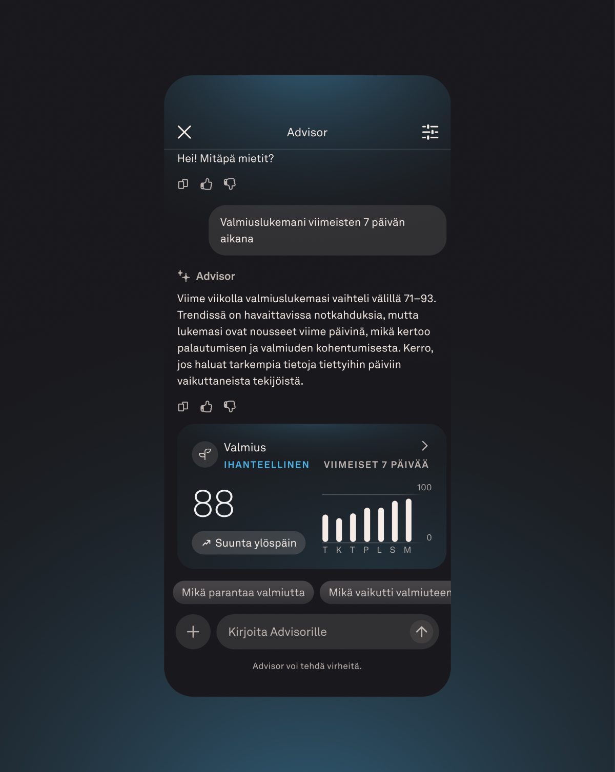 Oura Advisor auttaa ymmärtämään tietoja ja trendejä.
