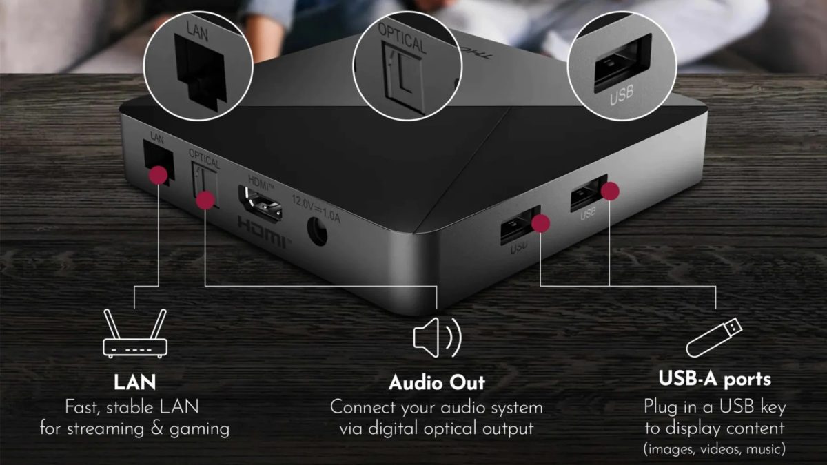 Thomson Google TV Streaming Box 260 Pro 4K:n liitäntöjä.