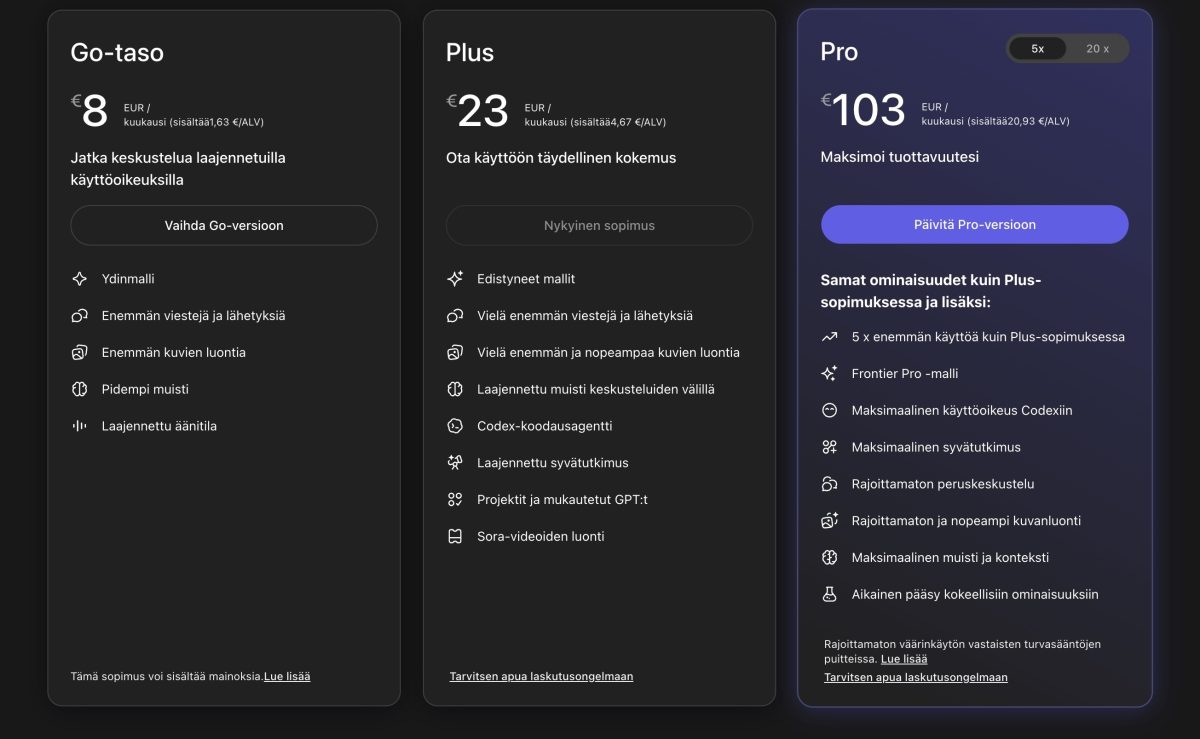 ChatGPT:n tilausvaihtoehtoja.