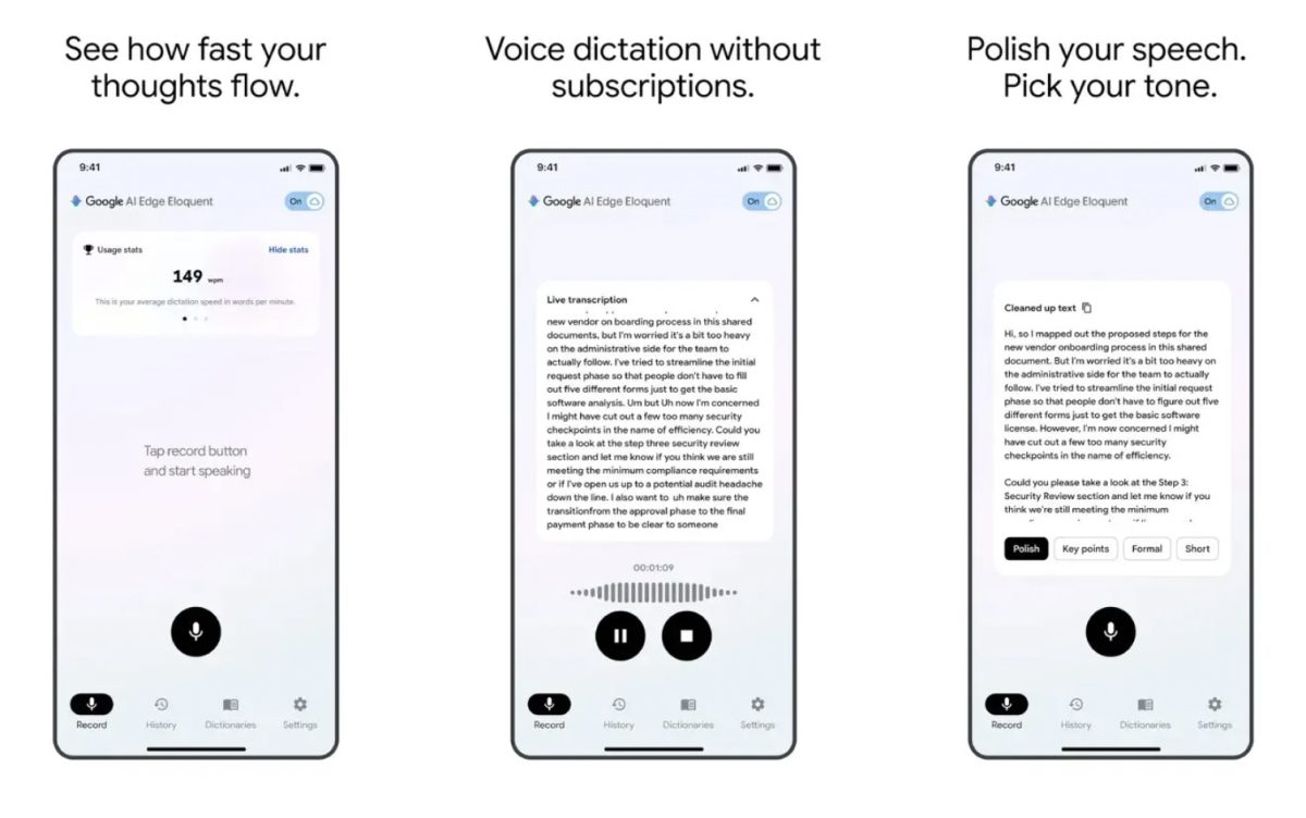 Google AI Edge Eloquent -sovellus.