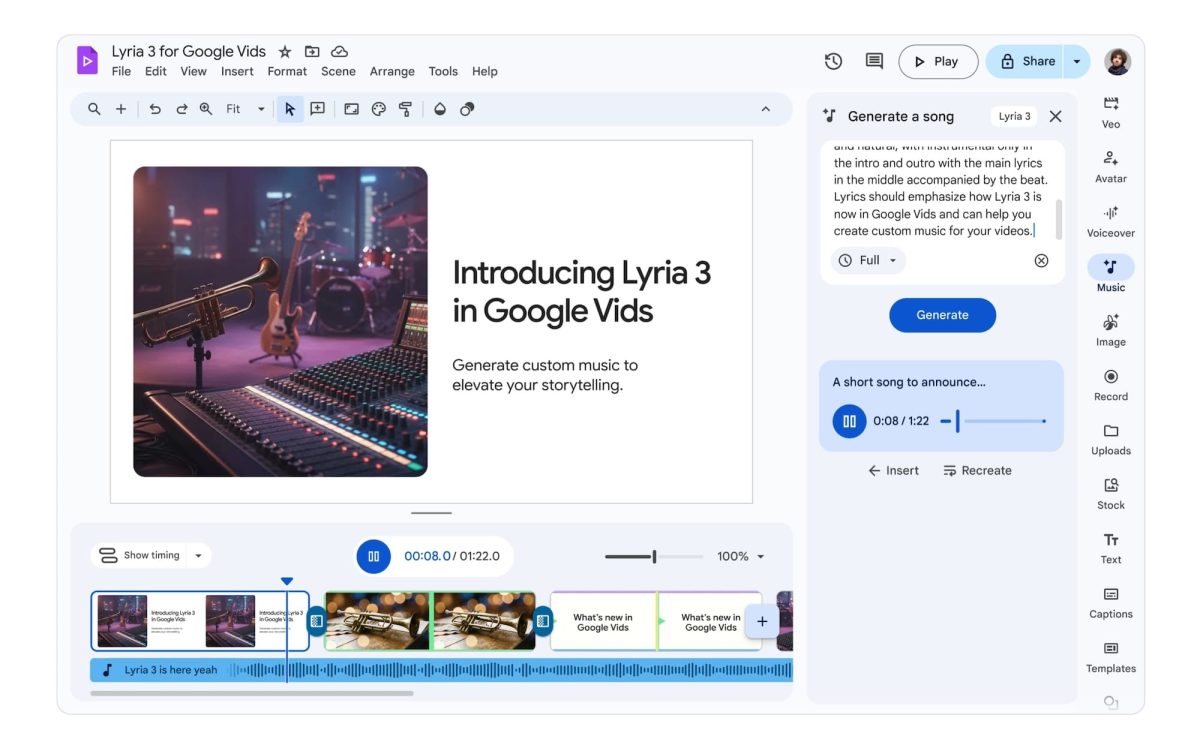Lyria-malleilla voi luoda musiikkia Google Vidsin osana.