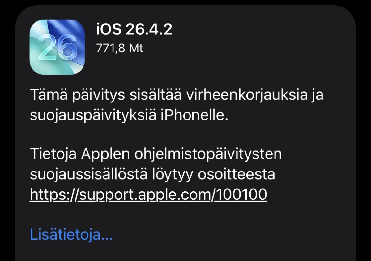 iOS 26.4.2 on nyt ladattavissa.