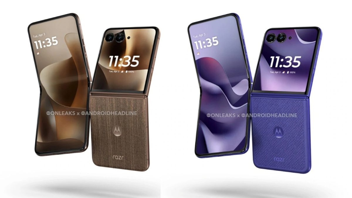 Motorola Razr 70 Ultra, Pantone Cocoa Wood ja Pantone Orient Blue. Kuva: OnLeaks / Android Headlines.