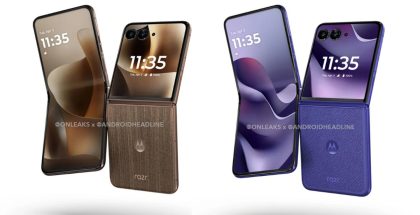 Motorola Razr 70 Ultra, Pantone Cocoa Wood ja Pantone Orient Blue. Kuva: OnLeaks / Android Headlines.