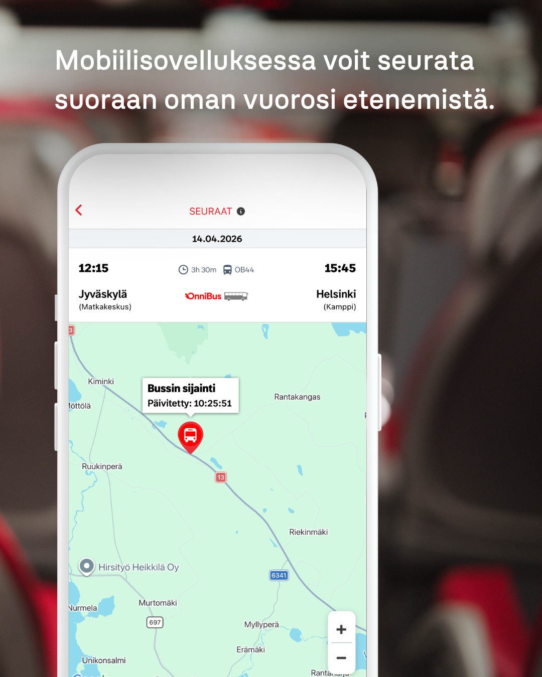 OnniBussin mobiilisovelluksessa voi seurata omaa bussivuoroa.