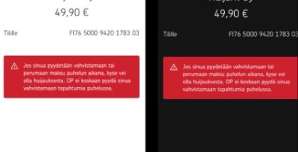OP-mobiilin uusi ilmoitus kertoo mahdollisesta huijauksesta, kun maksua vahvistetaan puhelun ollessa käynnissä.
